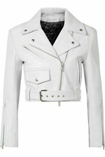 Damen Klassischer Cropped Biker Mantel Weiß Lammfell Echt Leder Jacke Alle Gr...