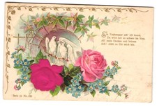 Stoff-Präge-AK Taubenpaar mit Rosen, eine Rose aus echtem Stoff 1906 