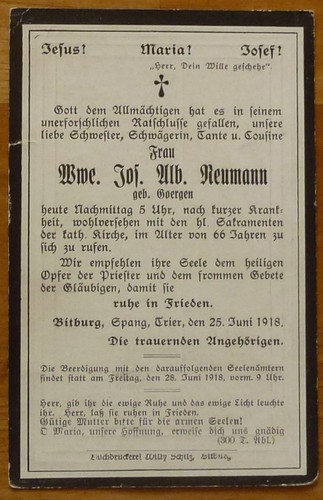 1918 sterbebild neumann geb - sterbebild,