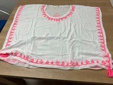 Strandkleid Tunika Lagenlook Shirt Poncho weiß/pink, One Size, Hand Made,