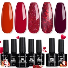 UV Nagellack-Set, 5 Farben Gel Mit Base & No Wipe Top Coat, Glitzer Rot Serie...