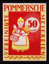 Vintage Reklamastempel 1938 Vereinigte Pommersche Molkereien, 50 Jahre Jubiläum, Milchmädchen / 1103