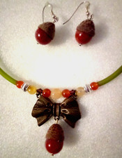 Halskette + Ohrringe Karneol Modeschmuck Perlen Eiche seltenStein Metall