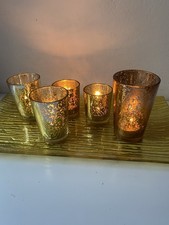 Glas Deko Tablett Set Teelicht Windlicht Shabby Weihnachten Gold Impressionen