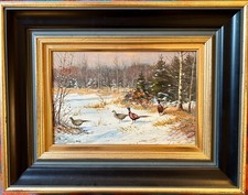 Winterlandschaft mit Fasanen; Willi Lorenz, Öl auf Malkarton