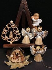 Sechs Baumhänger - Engel Krippe - Handarbeit - Weihnachtsdeko Span Holz 