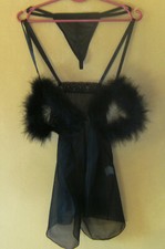 NEGLIGEE  & STRING  --  GR. 36/38  --  SCHWARZ  --  TRANSPARENT  --  BRUST FREI