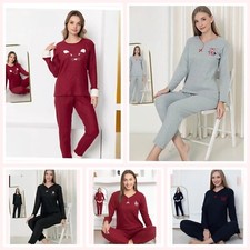Damen Pyjama Schlafanzug Lang Warm 2-Teiler Set C-88