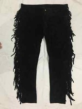 Indianertag Herren 100 % Wildleder Leder Cowboy Fransen Hose Schwarz Hose