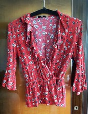 Wickel Bluse Gr. M rot geblümt Vintage Stil mit Volant Wickelbluse