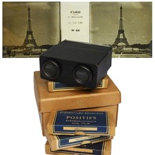 Bruguiere No 1 Stereoskop mit vier Schachteln Dias Paris etc, französisch, 40er Jahre