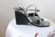 Vintage Sandalen RAVEL London W1 Kreuzrieme Echtleder Silber Metallic Keilabsatz