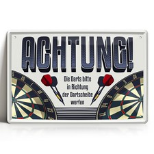 Blechschild 20x30cm Achtung Darts Dartscheibe Dartraum Pub Humor Spruch Dart