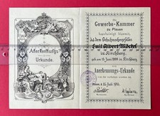 alte Anerkennungs-Urkunde 1916 Gewerbekammer Plauen Schuhmacherges.    ( F24480
