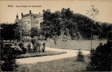 Ak Słupsk Stolp Pommern, Neue Anlagen mit Gymnasium - 4875842