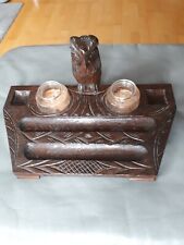 STIFTABLAGE / VINTAGE aus HOLZ,  mit geschnitzter Uhu - Figur