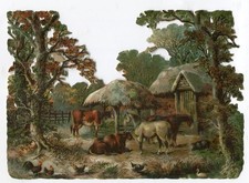 Glanzbild Oblaten scraps Landschaft Bauernhof Pferde Rinder Schwein Hühner Enten