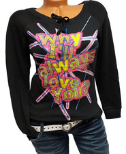 Damen Sweatshirt Longsleeve Sweater Langarm Shirt Schwarz Neon Text Print  34