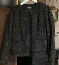 MANGUUN, super stylische  KURZ- BOUCLE‘ JACKE  SCHWARZ FRANSEN+GLITZER NEU !  40