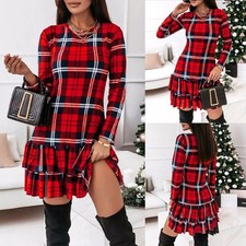 Weihnachtskleid Damen Kariert Langarm Minikleid Partykleid Freizeit Rüschenkleid
