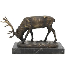 19 x 9 cm - Bronzierte Zinkguß Skulptur 'Grasender Hirsch' auf Marmorsockel