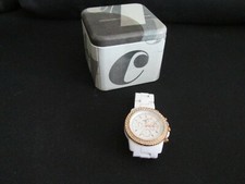 Fossil Damenarmbanduhr, Kronen, Zifferblatt und Skalierung goldfarben, weißes Ba