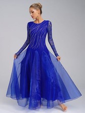 DE iEFiEL Tanzkleid Damen Strass Ballettkleid Langarm Kleid Latein Cha Cha Tango