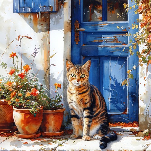 Wandbild katze haustür - katze,
