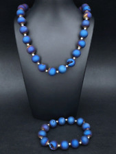 2-TLG. SET:  KETTE & FLEX-ARMBAND MIT DRUSEN ACHAT BEH. BLAU  SCHMUCKJAGD