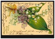 Prägekarte Namenstag Maiglöckchenzweig mit Veilchen, HORREM 25.7.1905