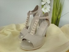 elegante Absatz-Sandaletten Gr.38 sandfarben - Glitzer, Perlen & Fesselriemchen
