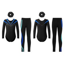 DE Mädchen Turnanzug Glitzer Gymnastik Langarm Ballett Trikot+Leggings+Haarband