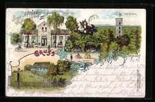 Lithographie Hamburg-Heimfeld, Gasthaus Zur Majestätische Aussicht, Garten, Aus 