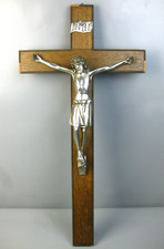 großes Kruzifix Holzkreuz mit Jesus Figur Metallguss Wandkreuz 80,5cm alt antik