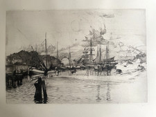 Alexander Eckener: XL Radierung, Grafik Flensburg maritim 1911 im Druck signiert