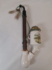 Porzellanpfeife Pfeife Jagd Hirsch Pozellankopf dunkles Holz ca. 25 cm