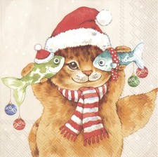 3 lose Servietten ~  Katze mit Koi Karpfen Weihnachten Fisch