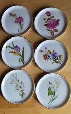 6 Porzellan-Untersetzer – Blumenmotiv & Goldrand – Vintage – Widmung „F“
