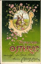 Präge Litho Glückwunsch Ostern, Tanzende Osterhasen, Blumen - 10810011