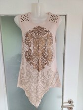 Damen Top S Beige Rebel Spirit Gold Muster Orientalisch Nieten Sommer Baumwolle
