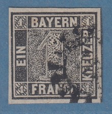 Bayern Schwarzer Einser Platte I  gestempelt mit Mühlrad-O, Attest BPP 2023