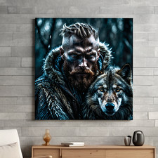 Wikinger mit Wolf Porträt – Mystisches Wandbild | Poster oder Leinwand | Nordic