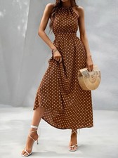 Sommerkleid Braun mit weißen Punkten für Damen Maxi Kleid - Gr. S - NEU In OVP