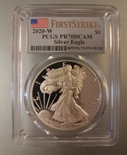 eine Feinunze Silber American Silver Eagle PP PR70 2020 "W" First Strike