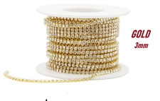 1 METER Strasssteine Kette Borte 3mm Gold Elagante Dekoband Glitzerband