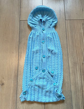 Gestrickter Baby Schlafsack blau Kapuze warm Winter Vintage Retro