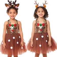 DE Mädchen Weihnachten Hirschkostüm Prinzessin Kleid mit Stirnband Rentier