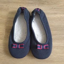 Damen Ballerina Hausschuhe 38 mit Plüsch-Innengutter / Dunkelblau mit Schleife 