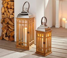 Holz Laterne Ledergriff verchromtes Dach Glaseinsätze Größe L Höhe 40 cm