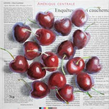 Kirsche Bild Gemälde auf Zeitung Original Früchte Obst Ölgemälde Ölbild Küche